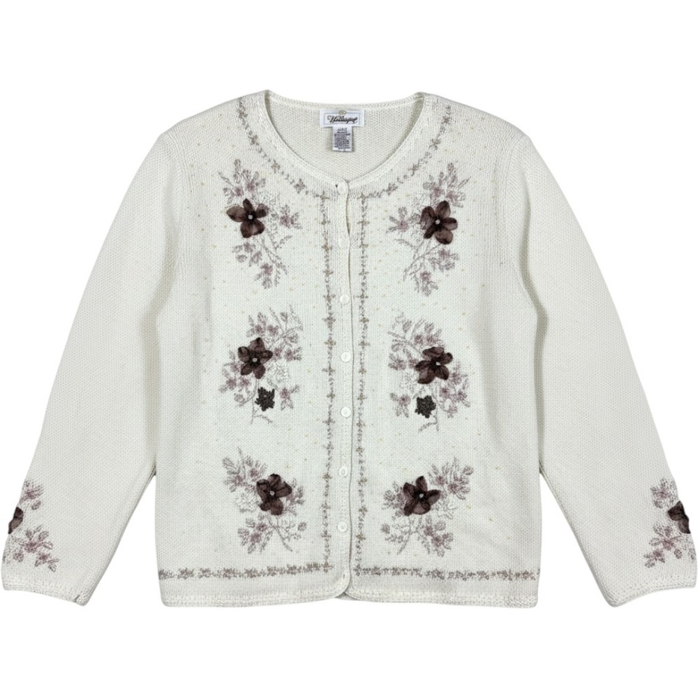 Worthinhton Cream Cardigan Floral 3D Applique Beaded Knit Sweater Vintage Style